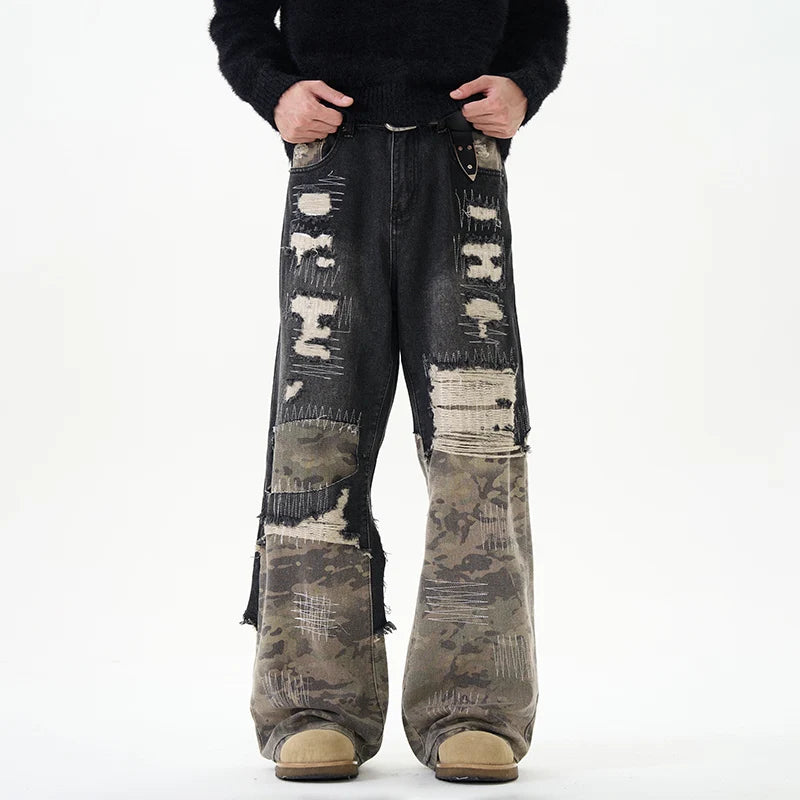 America Street Style Men Vintage Heavy Distress Wash Black Jeans Splicing Camouflage Fitting Baggy Jeans Men Y2K Designer Jeans