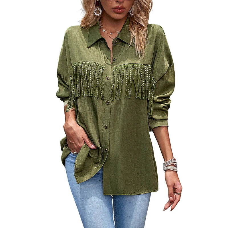 RNSHANGER Fashion Design Women Shirts Autumn Tassel Button Button Front Shirt Casual Turn-Down Collar Long Sleeve Office Blouses