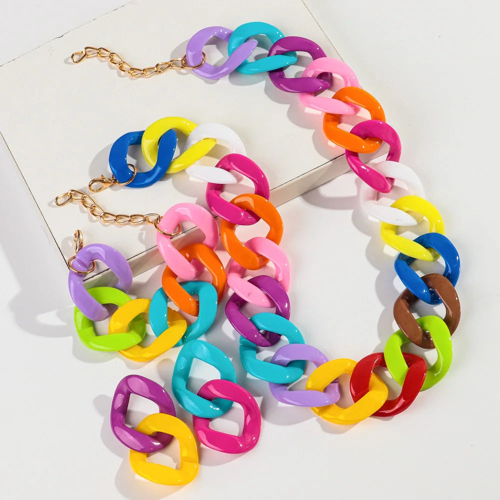Wholesale Simple Colorful Link Chain Earrings Bracelet Jewelry Fashion Glossy Necklaces Acrylic Jewelry Sets for Women