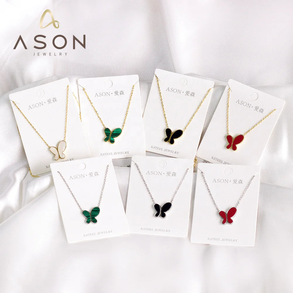 Ason Fashion Jewelry Women Girl Elegant Gold Plated Stainless Steel Chain Necklace Multicolour Butterfly Shell Pendant Necklace