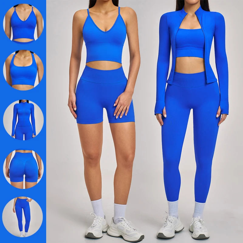 OEM Customization 5-Piece Sports Fitness Women Seamless Running Active Workout Clothing Size S to XL Butt Lift Yoga Pants Set
