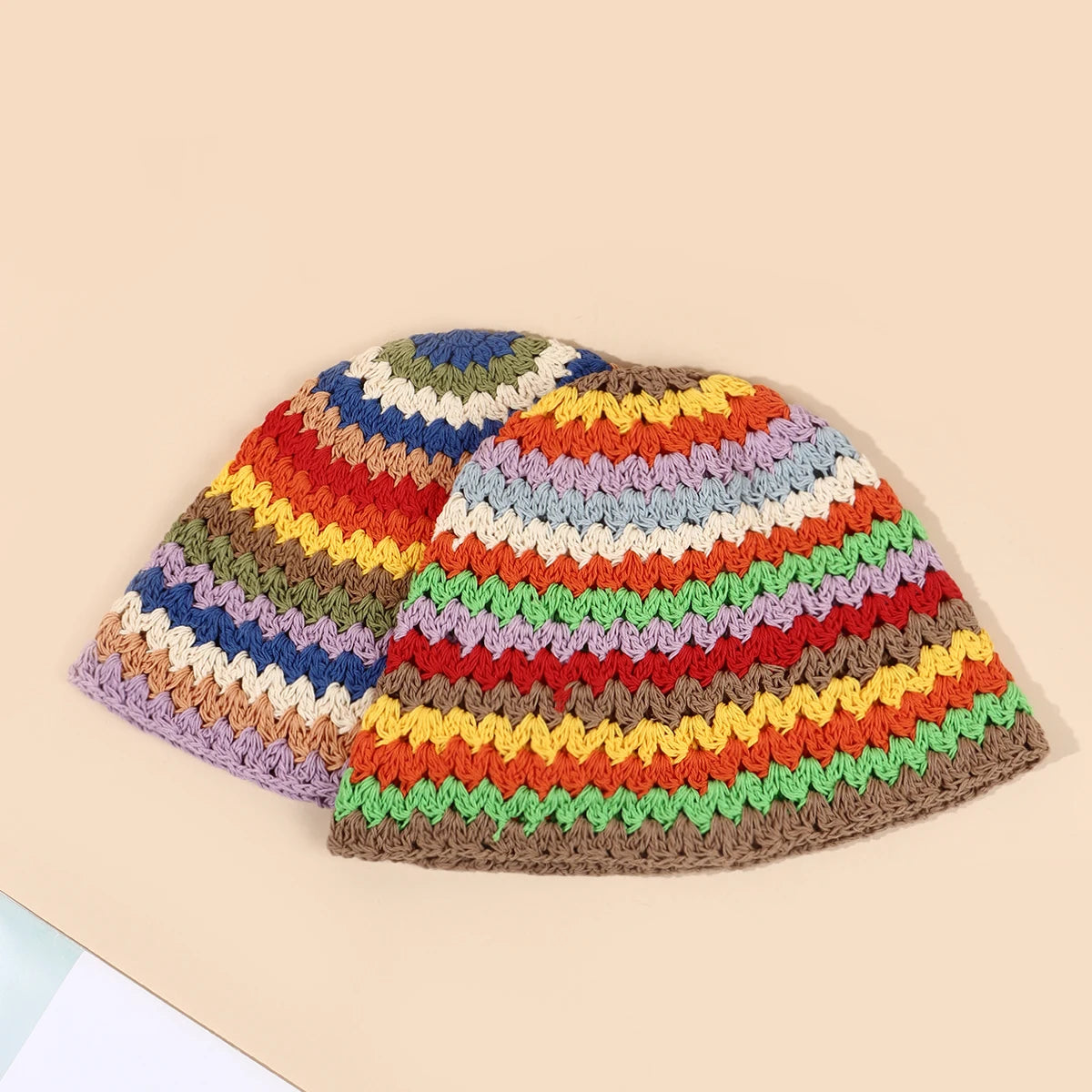 Custom Ladies' Outdoor Foldable UPF 50+ Handmade Polyester Crochet Beanie Hat Striped Summer Travel Daily Skiing Fishing