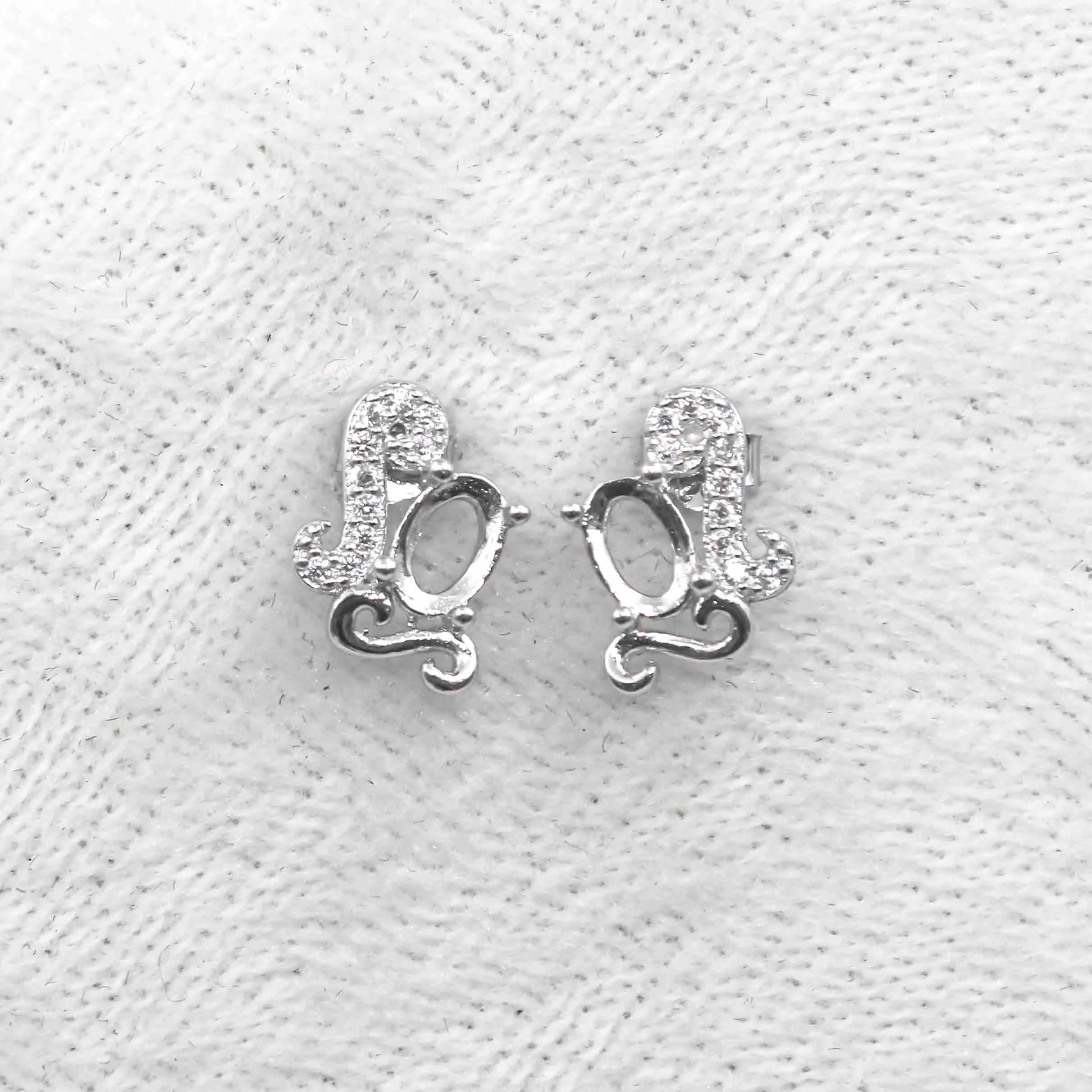 Sterling Silver 4*6mm Semi Mount Stud Earrings Empty Support Blank Claws Setting S925 Base Without Center Stone for DIY Inlay