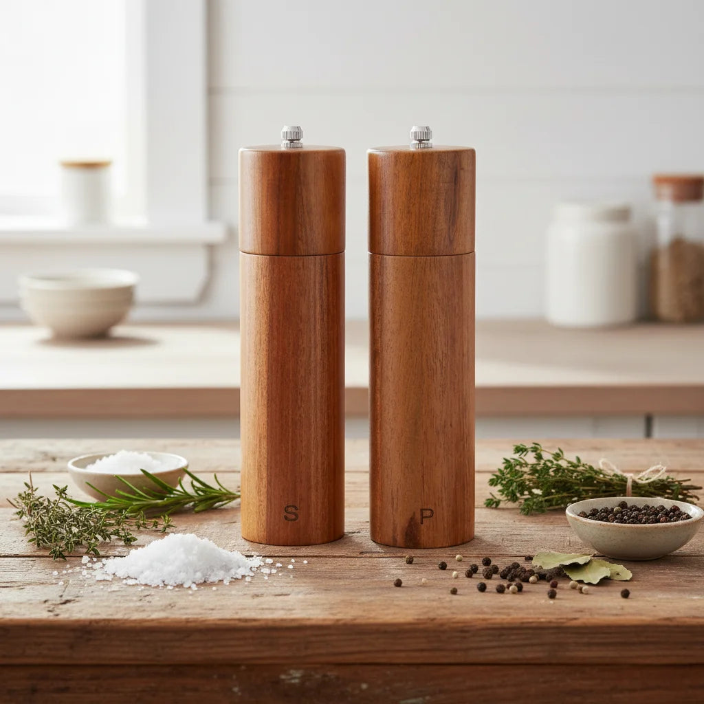 Hot Selling Customizable 8-Inch Acacia Wood Salt & Pepper Grinder Set 8 Inch Wooden Salt & Pepper Mill Set