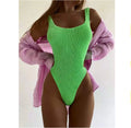S-XXL Crinkle Cloth Wavy Strip Candy Color One-piece Swimsuit Women's Fluorescent Crinkle Cloth Swimsuit