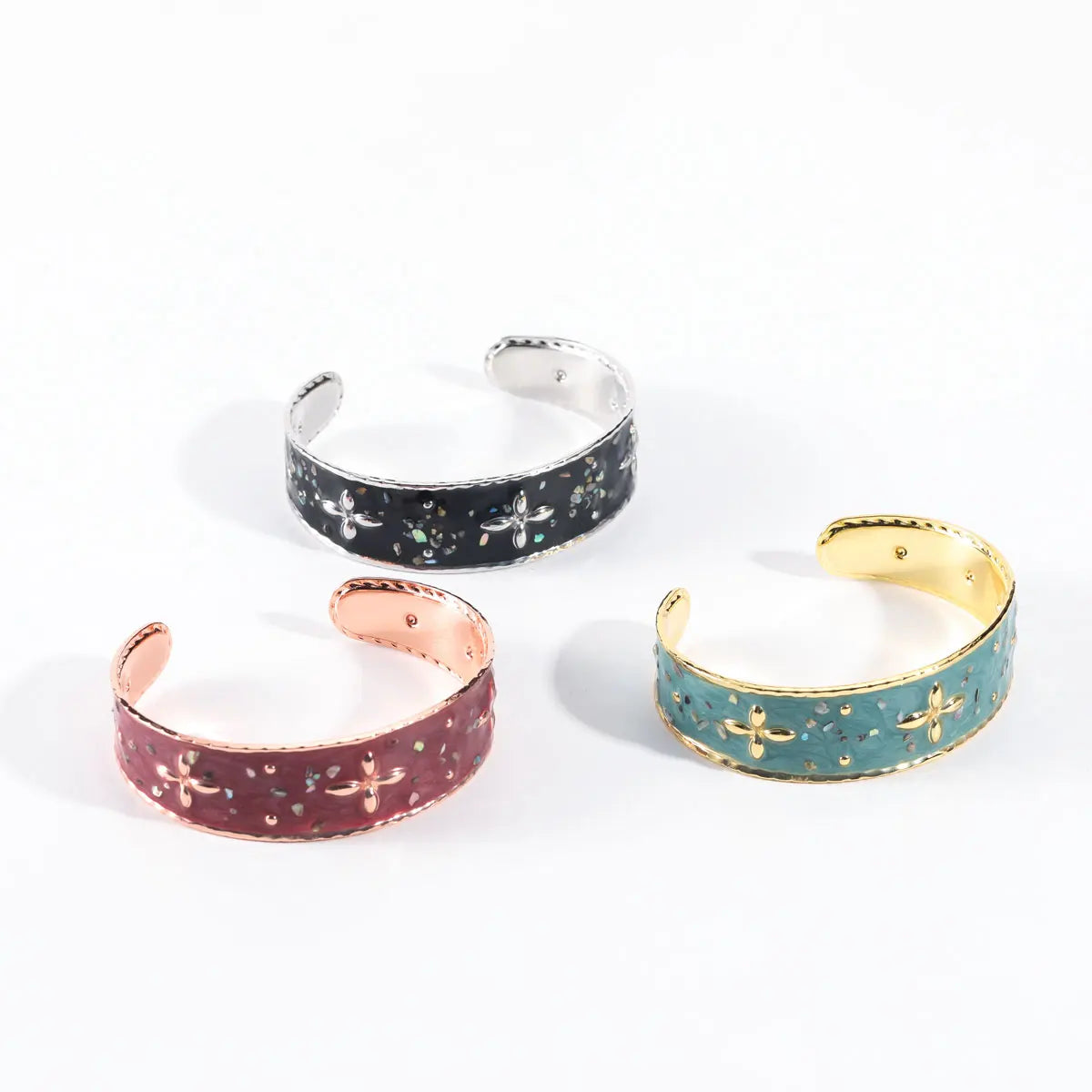 Vintage Non Tarnish Stainless Steel 18K Gold Plated Bangles Waterproof Wide Chunky Open Adjustable Printed Enamel Bracelets