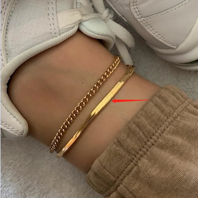 Fenny Jewelry 18K PVD Plated Wholesale No Fade Versatile Summer Holiday Flat Snake Bone Chain Stainless Steel Anklet for Women