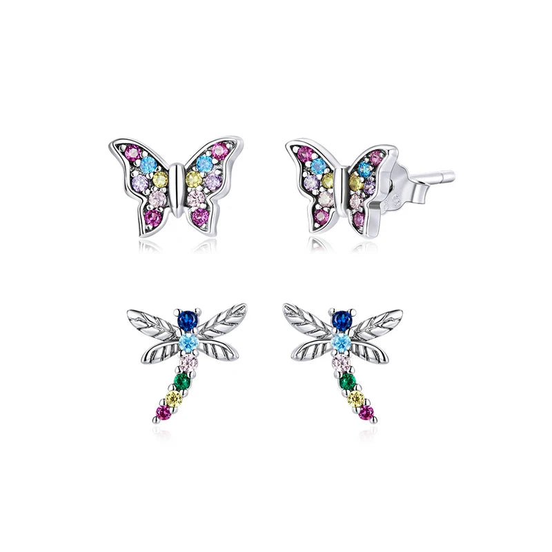Factory 925 Sterling Silver Colorful butterfly Stud Earrings Ear Buckles Simple Zircon Earrings for Women Silver Jewelry BSE514