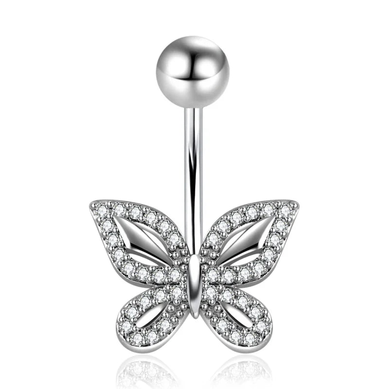 High End Luxury Diamond Inlaid Butterfly Shaped Navel Nail Navel Ring Wholesale Stainless Steel Puncture Navel Buckle