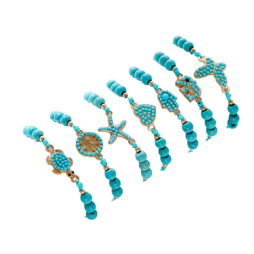 Bohemia Turquoise Fashion Bracelets Handmade Gold-Plated Turtle Butterfly Heart Charms Beaded Beach Jewelry
