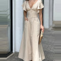 Wholesale 2026 Spring New V-neck Solid Color Lotus Leaf Sleeves Long Skirt Elegant Commuter Waist Women's Dress