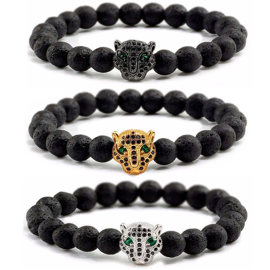 Hot Selling Gemstone Leopard Head Beads Bracelet 8mm Natural Stone lava Elastic Beads Bracelet for Men and Women