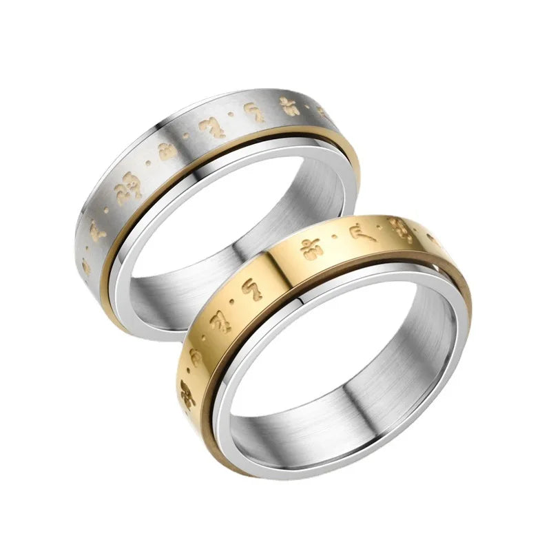 Buddhist Stess Relief Om Mani Padme Hum Two Tone Stainless Steel Spinner Anxiety Fidget Ring
