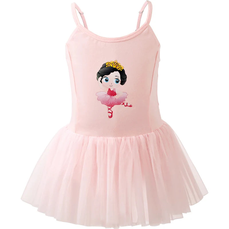 Girls Ballet Tutu Dress Children Sleeveless Adjustable Straps Skirted Leotards Cartoon Pattern Princess Dress