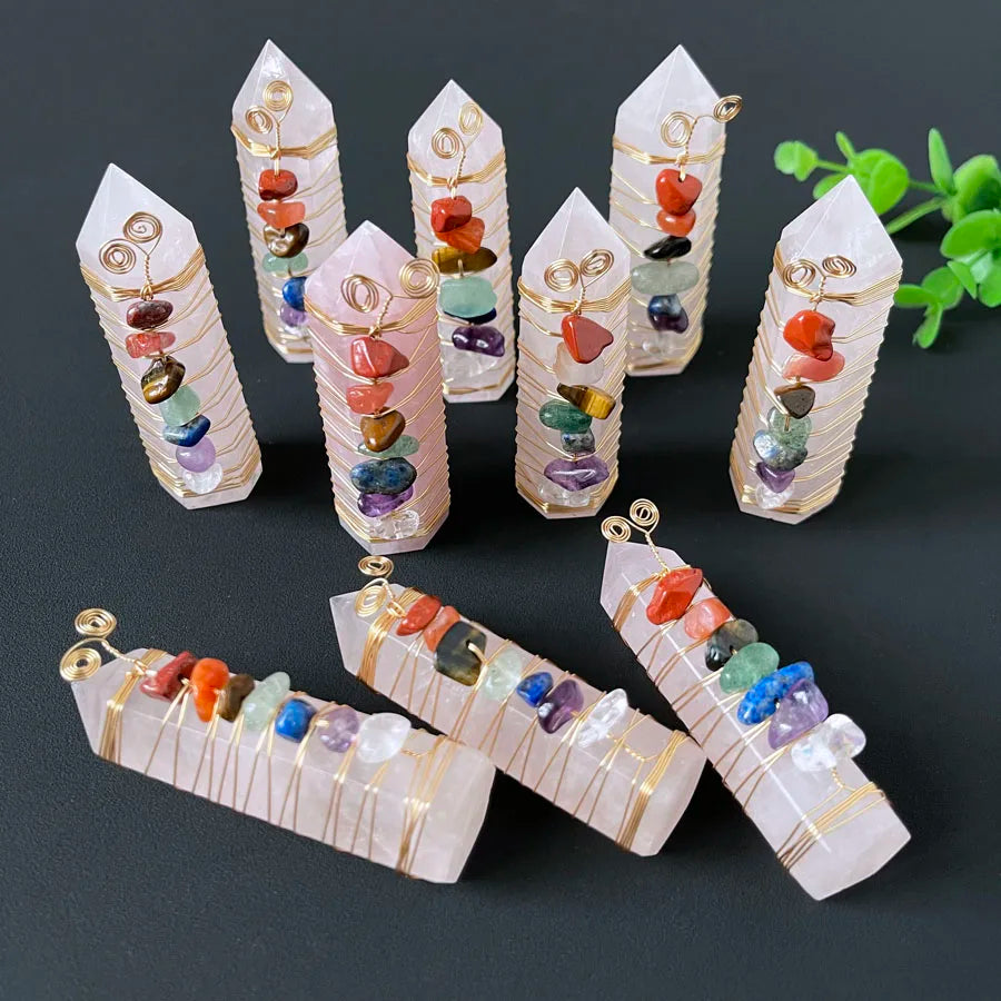 Natural Hand Made New Design Seven Chakra Chips Crystal Tower Wrapped Colorful Gravel Rose Crystal Point for Decoration