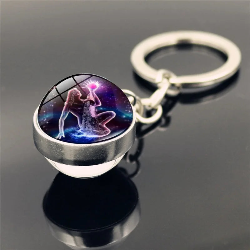 Glass Cabochon Ball 12 Zodiac Sign Couple Keychain Star Sign Pendant Glass Ball Double-sided Keychain Time Gem Key Ring Jewelry