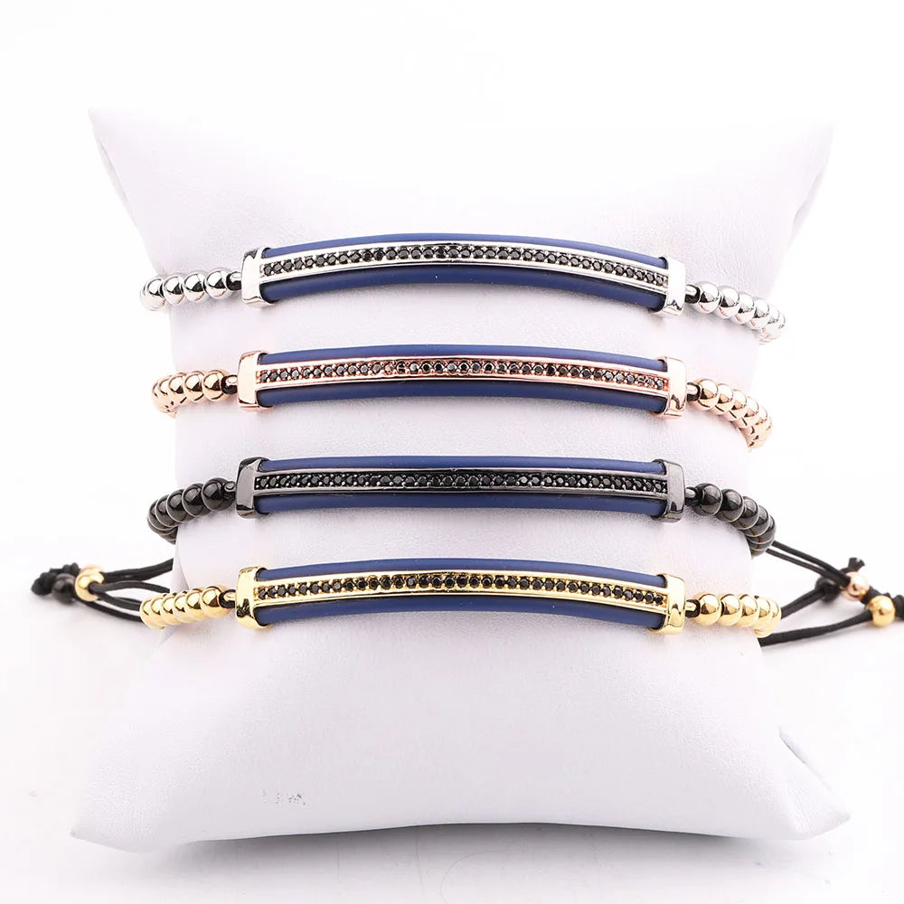 Blue Rubber CZ Charm Stainless Steel Beads Macrame Friendship Bracelet Women Men JBS11734