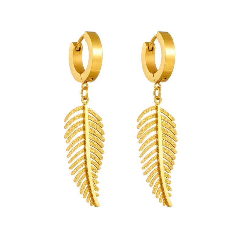 PVD 18k Gold Plating Stainless Steel Leaf Pendant Dangle Earing Hypoallergenic Women Hoop Earrings Jewelry