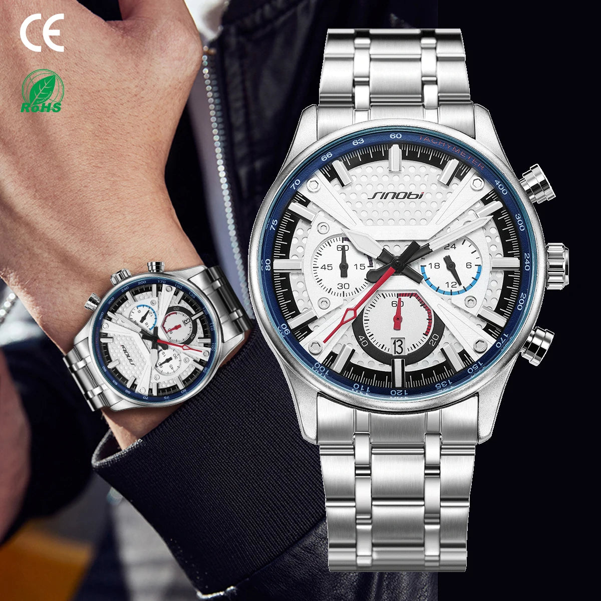 SINOBI Sleek Style Men's Fashion Alloy Quartz Watch with Luminous Hands Day/Date Waterproof Glass Dial MegaBDM