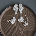 SLBRIDAL Handmade Ceramic Flower Leaf Pearls Bridal Hair Pin Earrings Wedding Hair Accessories Women Hair Jewelry