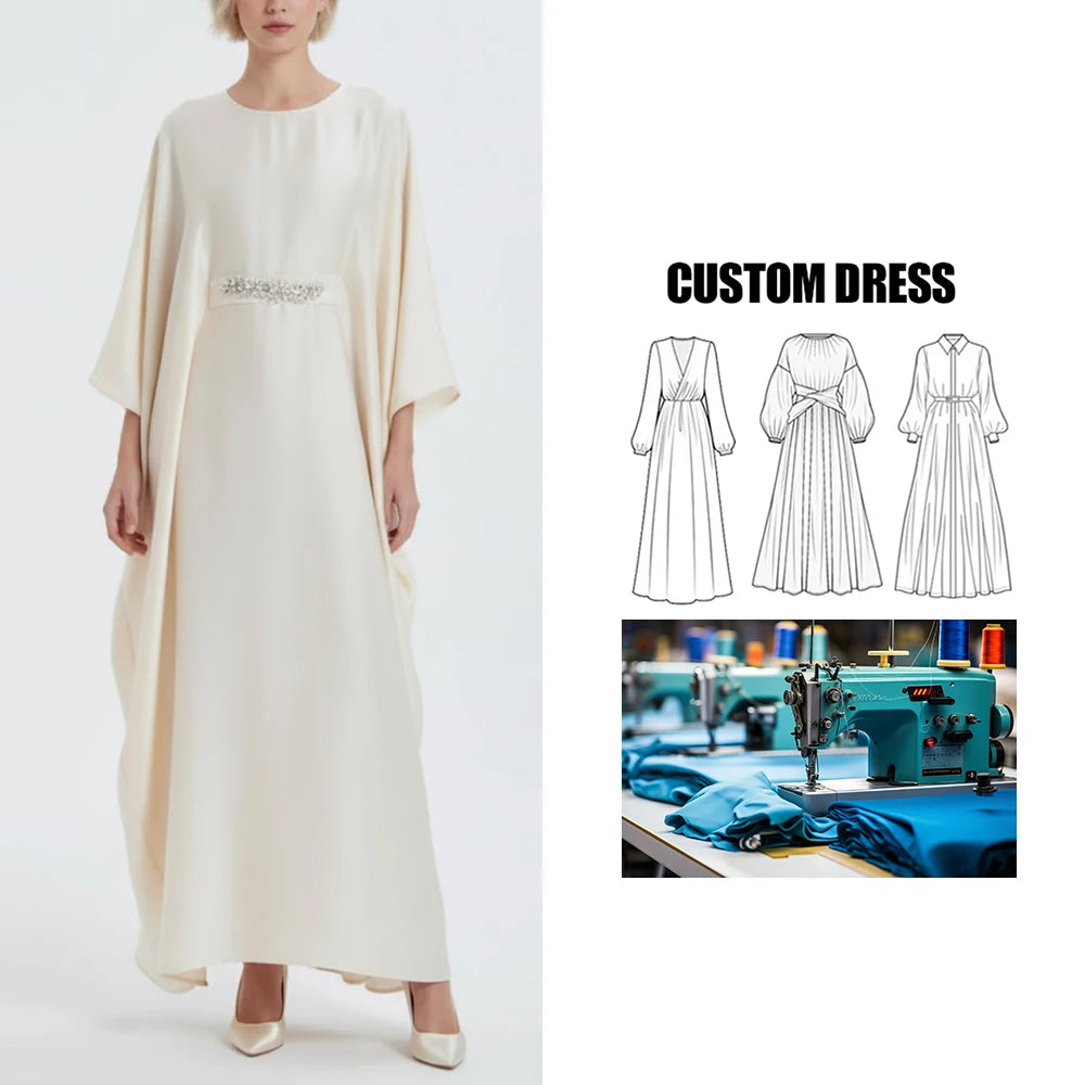 OEM Customizable Bat Sleeve Long Dress for Middle Eastern Women Diamond-Encrusted Abaya Casual Robe Wedding for Autumn Season
