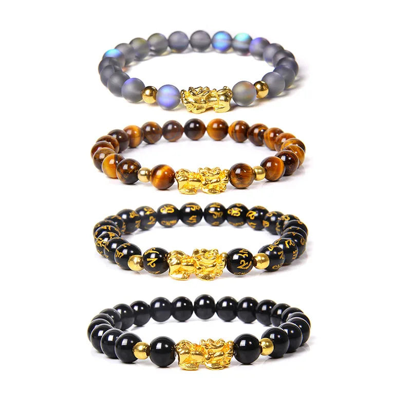 New Fashion 8mm Natural Stone Fengshui Bracelet Black Obsidian Tibetan Lucky Beads Gold Plated Pixiu Elastic Bracelet Feng Shui