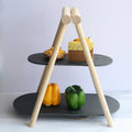Oval Shape Slate Food Serving Platter on Acacia Wood Frame  2 Tiers Retractable Cake Stand for Wedding