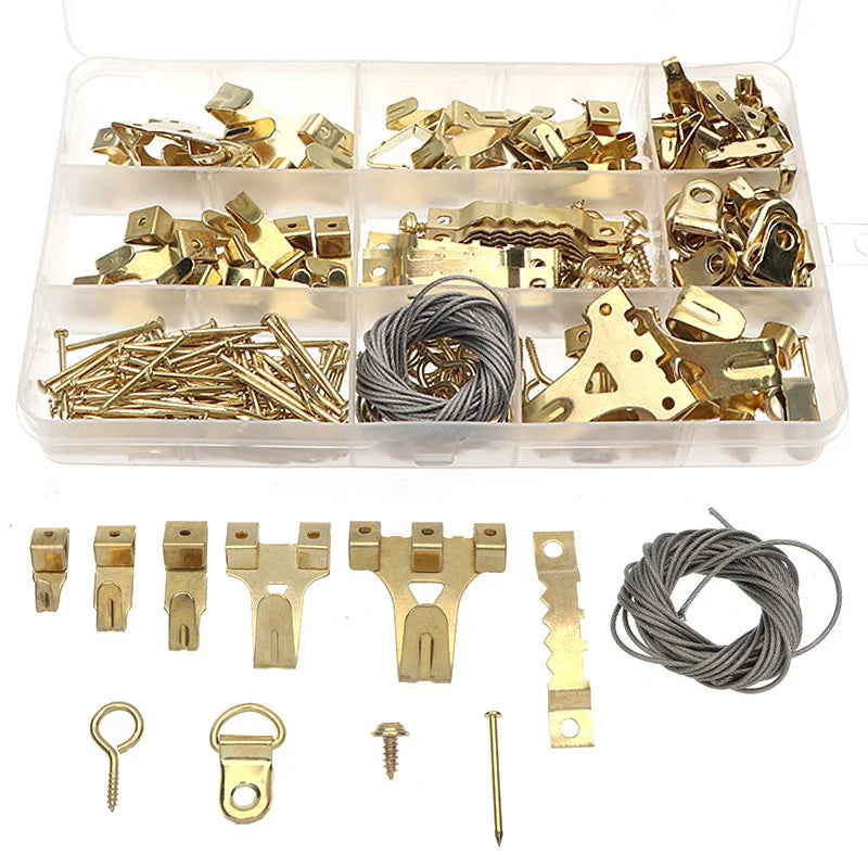 282Pcs Golden Mini Picture Frame Wall Hanger Metal Keyhole Kit Heavy Duty Picture Art Work Photo Hooks with Nails Hanging Wire