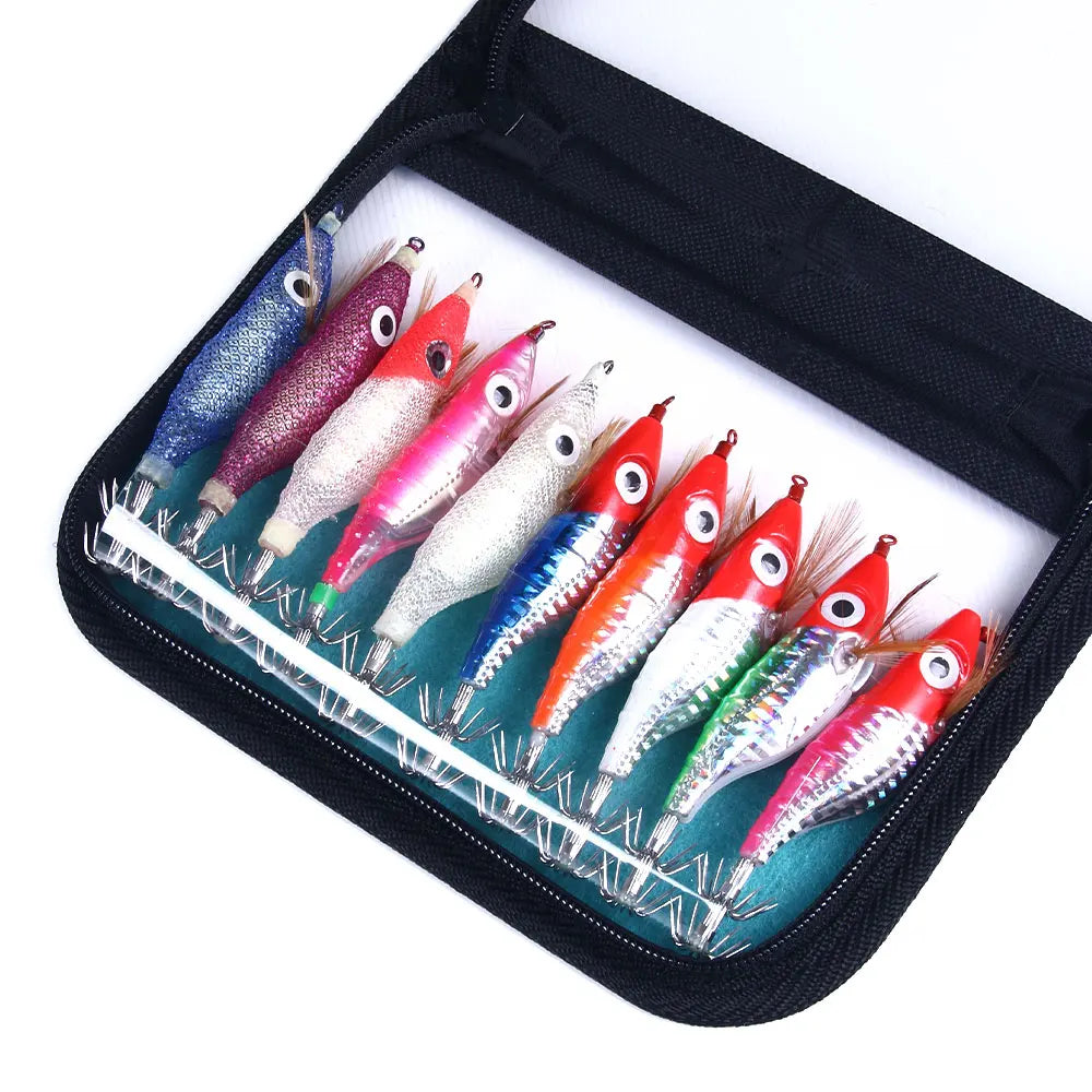 Wholesale SJB012 Combo 10cm 9g 3.5# 10pcs/bag Japanese Cloth Wooden Shrimp Baits Octopus Squid Jig Fishing Lures Kit Set