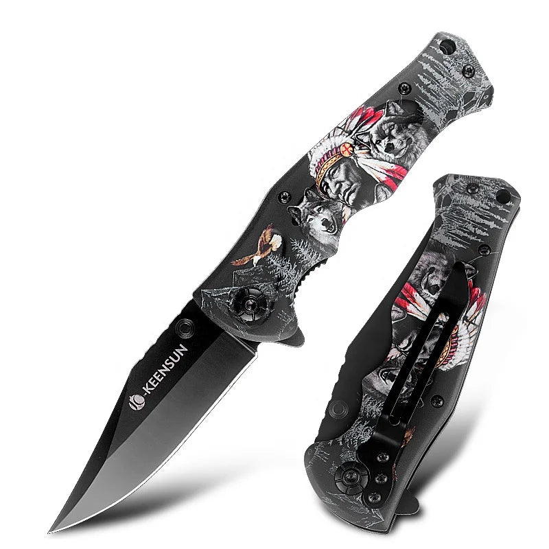 KEENSUN 3D Printed Folding Knife Stainless Steel Aluminium Handle Tactical Survival Tool for Outdoor Hunting Camping