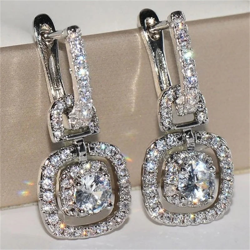 CAOSHI Delicate Round Cut Full Diamond Drop Earrings Party Proposal 925 Silver Plated Crystal Stone Earrings Women