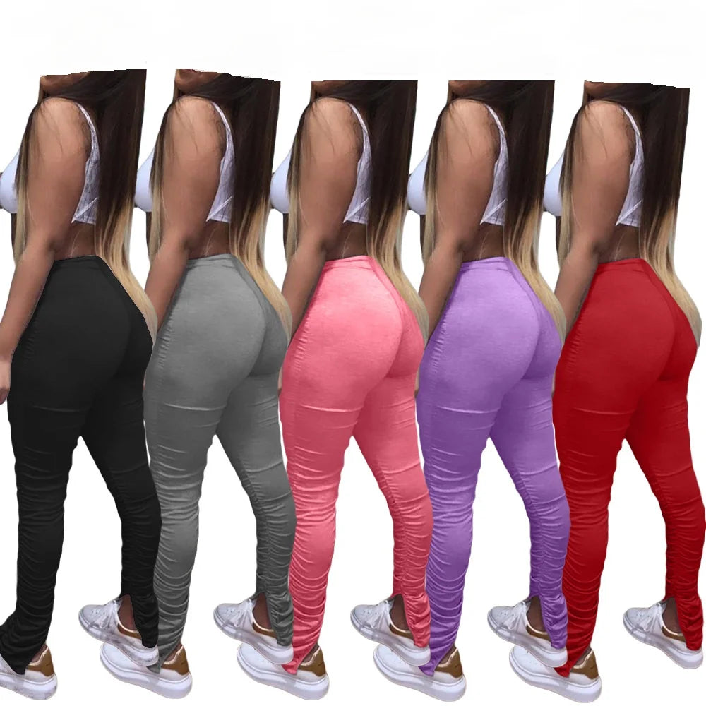 Split Ruched Stacked Sweatpants Women Leggings Plus Size Pleated Bodycon Pants With Pockets Workout Trousers