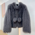 OFTBUY Winter Women Short Fox Fur Outerwear Woven Strip Sewed Coat Ball Decorated Proluxe Middle Age Sweet Streetwear Jacket