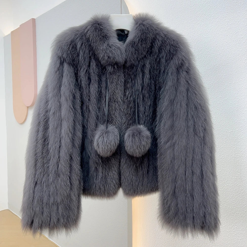 OFTBUY Winter Women Short Fox Fur Outerwear Woven Strip Sewed Coat Ball Decorated Proluxe Middle Age Sweet Streetwear Jacket