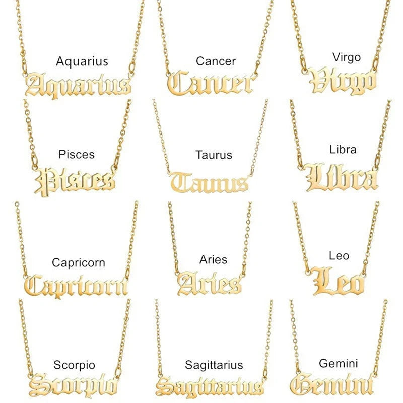 Fashion Accessories Stainless Steel Gold Plated Astrology Pendant Old English 12 Zodiac Necklace Set Star Sign Zodiac Necklace