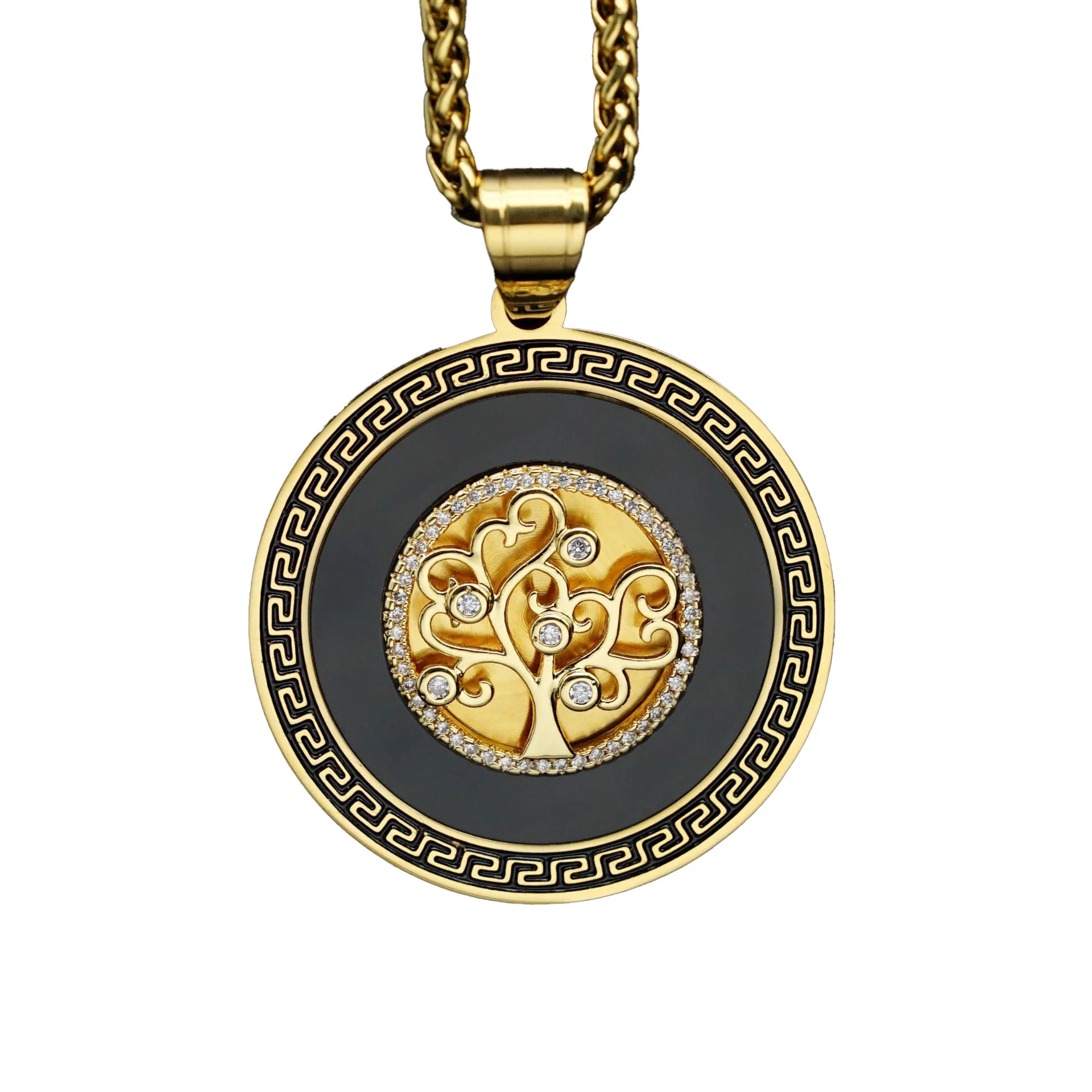 2024 New Style Hip Hop Trend Stainless Steel Gold Plated Black Disc Zirconia Tree of Life Pendant Necklace