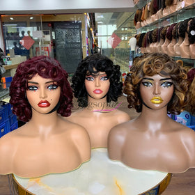 Cheap Human Hair WigsShort Bob WigsSuper Double Drawn Romance Curl Machine Made Wig With Bangs