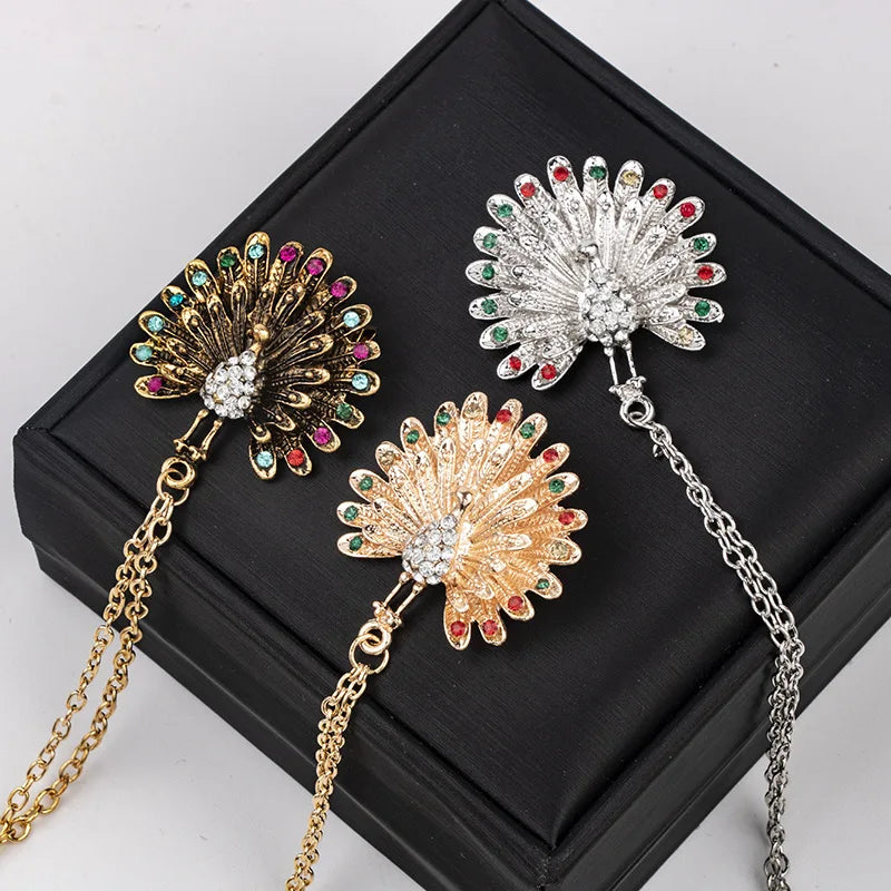 Korean Retro Men Suit Lapel Brooch Animal Peacock Tassel Pin Badge Rhinestone Gold Silver Plated Chain Colored Diamond Brooch