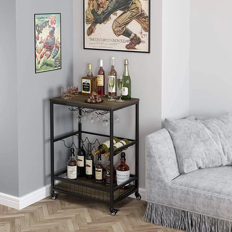Durable Double-Tier Wooden Kitchen Display Storage Rack Space-Saving Standing Type Iron Wire Wine and Food Organizer