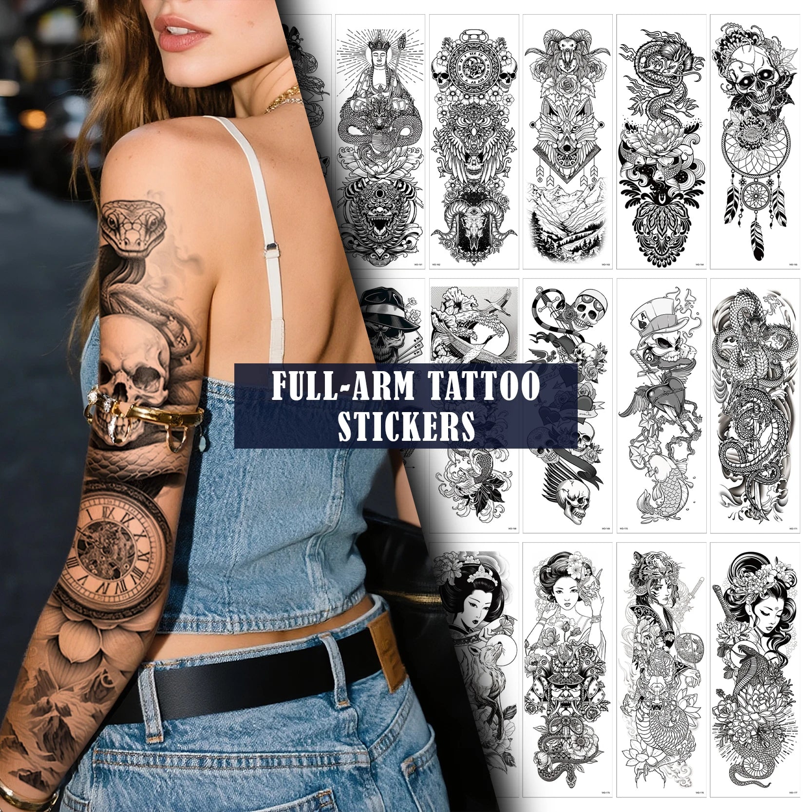 Custom Christian Skull Dragon Animal Flower Tattoo Sleeve Full Arm Temporary Tattoo Stickers Waterproof for Men Women