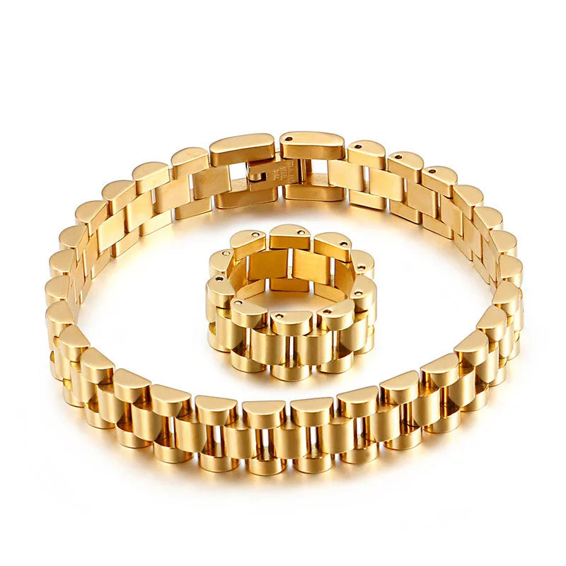 8mm/10mm/12mm Golden High Finish Men Vintage Watch Strap Titanium Steel Bracelet Ring Set Wedding Party Holiday Jewelry Gifts