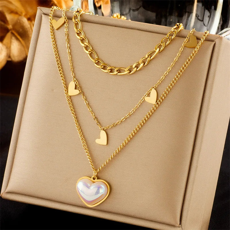 New Arrival Fashion Adjustable Multi Layer Stainless Steel Gold Plated Pearl Heart Pendant Necklace for Women