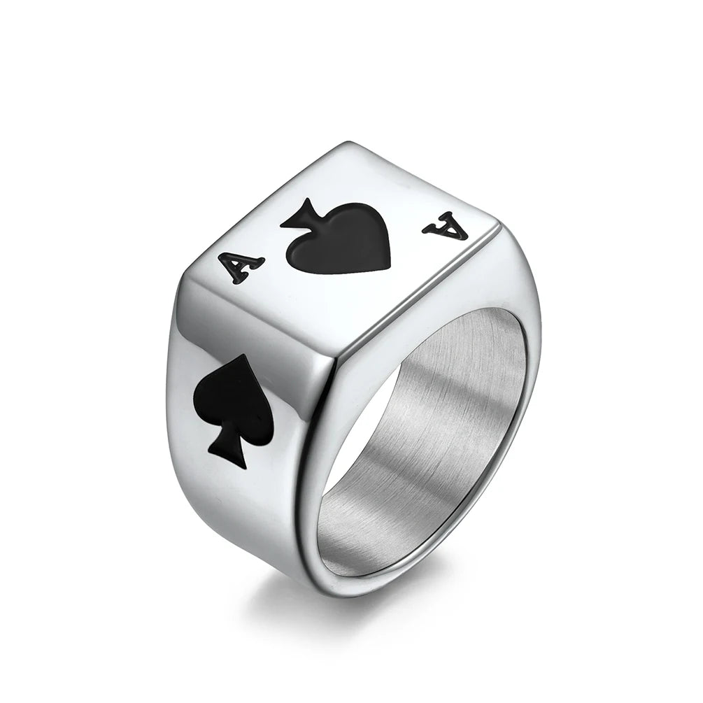 Fashionable Mens Silver Spinner Card Poker Enamel Heart a Spades a Titanium Steel Plain Blank Glossy Signet Ring