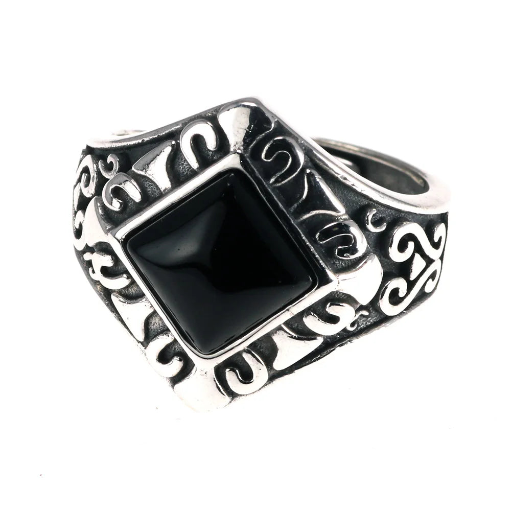 Solid 925 Sterling Silver Retro Punk Women Rings With Natural Black Agate Square Stone Engraved Antique Flowers