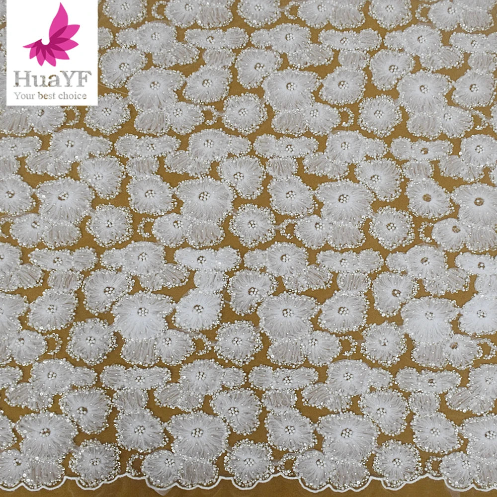 HY2480 High-end Quality White Heavy Beaded Embroidery Coiling Lace With Sequins and Pearls for Bridal Fabric