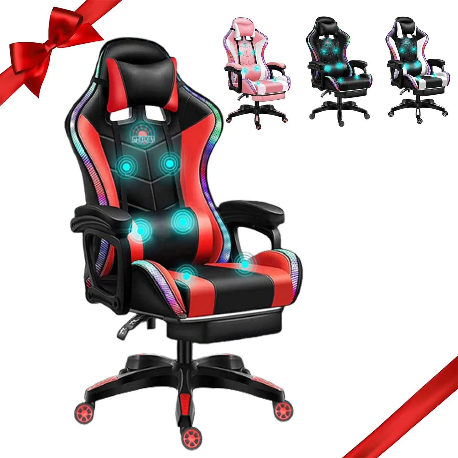 ALINUNU PC Massage Gaming Chair Racing LED Gaming Chair With Speakers and Lumbar Pillow