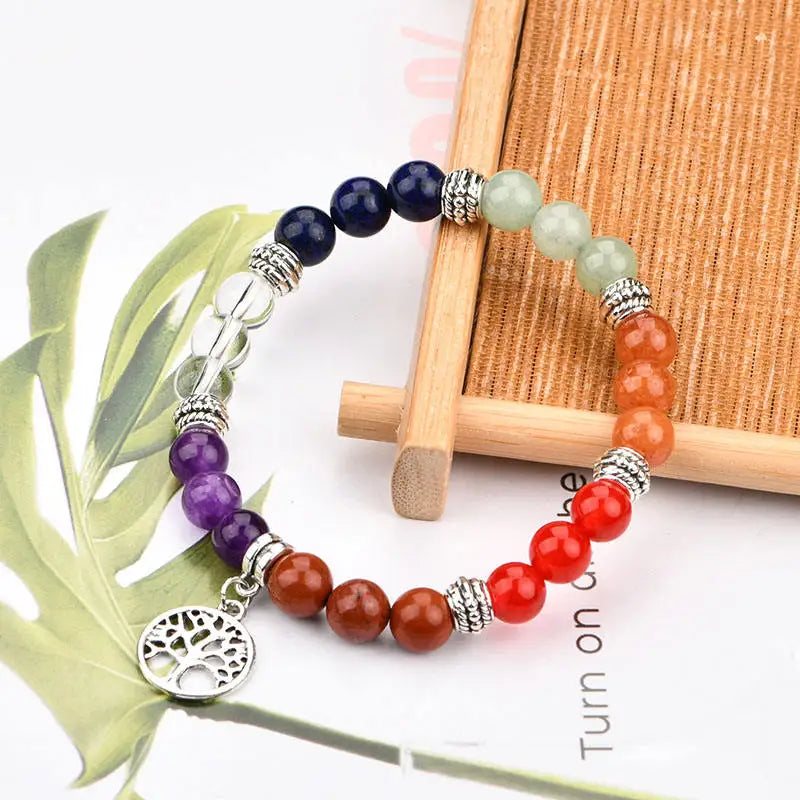 8mm Bead Size Stretch Bracelet Life of Tree Charm Natural Chakra Crystal Round Bracelet