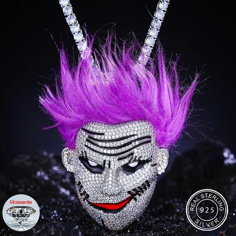 Fancy Purple Hair Guy Hip Hop Jewelry 925 Sterling Silver Pass Diamond Tester VVS Moissanite Iced Out Clown Pendant With Chain