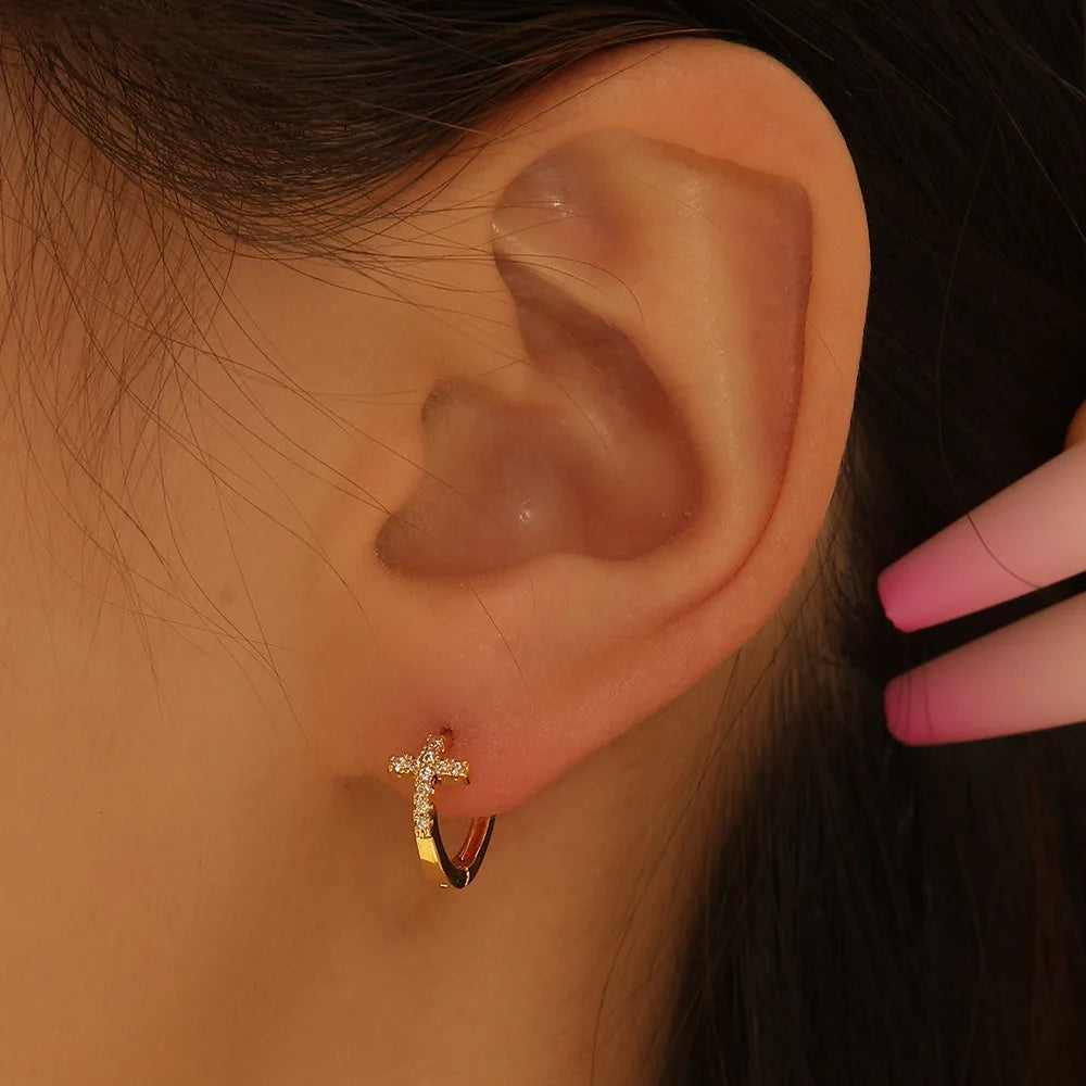 Wholesale Gold-Plated Micro Cross Earrings for Women Zirconia Main Stone Copper Hoop Jewelry Gift Accessory