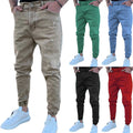 Custom Distressed Washed Denim Casual Mid Waist Button Solid Pencil Pants Stylish Ripped Hole Jeans Men